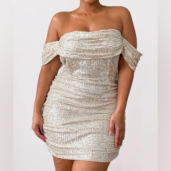 PLUS CREAM SEQUIN BARDOT BODYCON DRESS - Picture 1 of 9